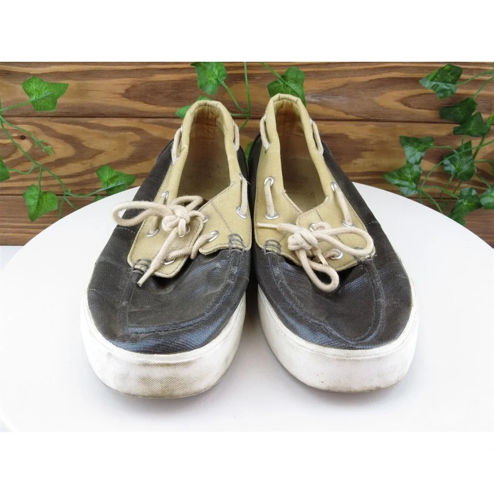 Polo Ralph Lauren Sz 10 Boat Shoe Gray Coated Canvas Men Lace Up Lander Medium‎